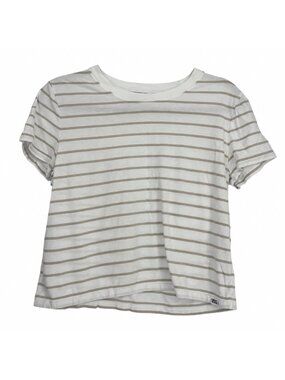 DKNY Jeans Shirt Petite Medium White Tan Striped Cotton Boxy Crop Tee Retro Y2K